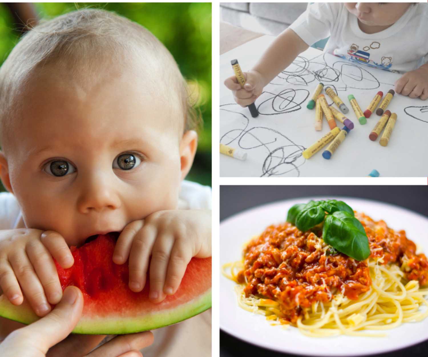 Spagetti ret, barn der spiser vandmelon og tegner